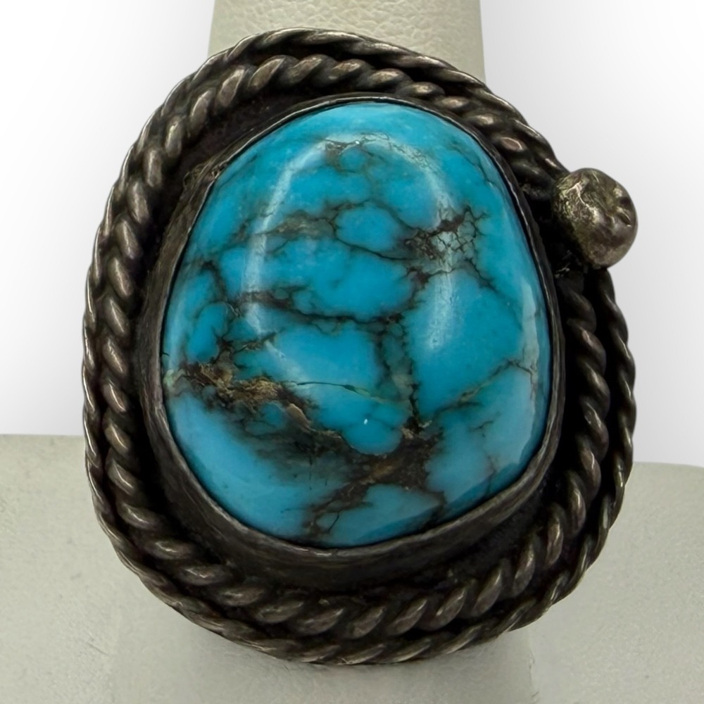 Vintage Size 9.75 Statement Ring Sterling Silver Turquoise Southwestern